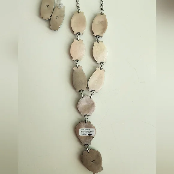 Dave Skeets Blackjack Turquoise Lariat And Earrings Set Sterling BIG - Picture 4 of 6